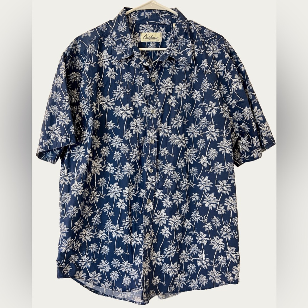 California Shirt Co Navy Palm Print Men's Casual‎ Button Up Shirt Size XL
